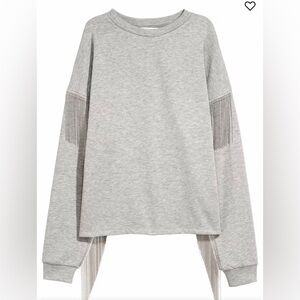 H&M Gray Fringe Sweatshirt Pleated Hem‎ Long Sleeve Crewneck Size Medium